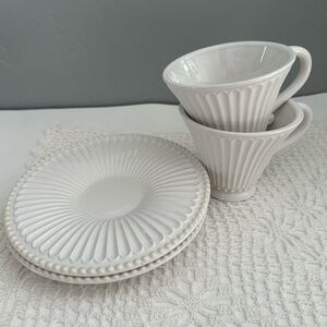 Lenox Butler’s Pantry Ribbed White Coffee Mug Classic Footed Cup & Saucer 2 Sets